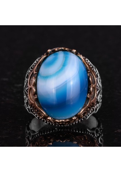 Doğal Taş El Yapımı Yüzük - 925 Ayar Gümüş El Yapımı Yüzük - Şık Farklı Yüzük (Mavi Akik) fırsatları