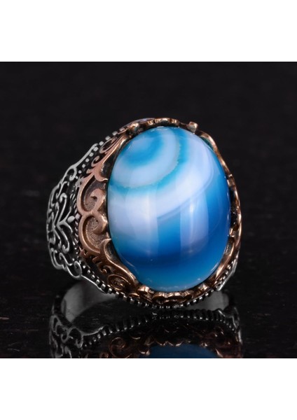 Doğal Taş El Yapımı Yüzük - 925 Ayar Gümüş El Yapımı Yüzük - Şık Farklı Yüzük (Mavi Akik) indirimleri