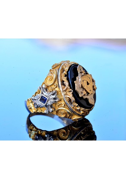 El Yapımı Oniks Yüzük - 925 Ayar Katı Gümüş Erkek Yüzük (Arma) fırsatları