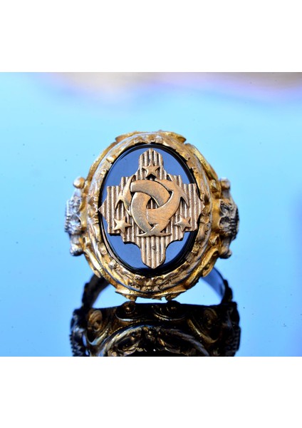 El Yapımı Oniks Yüzük - 925 Ayar Katı Gümüş Erkek Yüzük (Arma) indirimleri