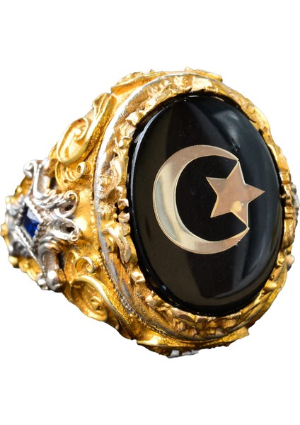 Erkekler Için Altın Kaplama Gümüş Yüzük - Yüzük (Yıldız ve Hilal)