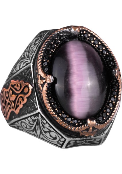 Mor Kedi Gözlü Yapay Taş Yüzük - 925K Katı Gümüş Erkek Yüzüğü, El Yapımı Zarafet