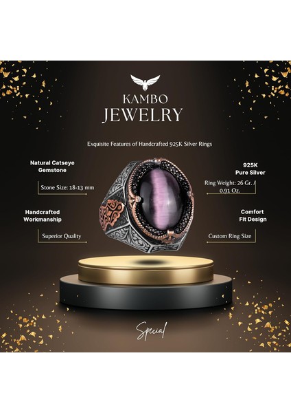 Mor Kedi Gözlü Yapay Taş Yüzük - 925K Katı Gümüş Erkek Yüzüğü, El Yapımı Zarafet fiyatları