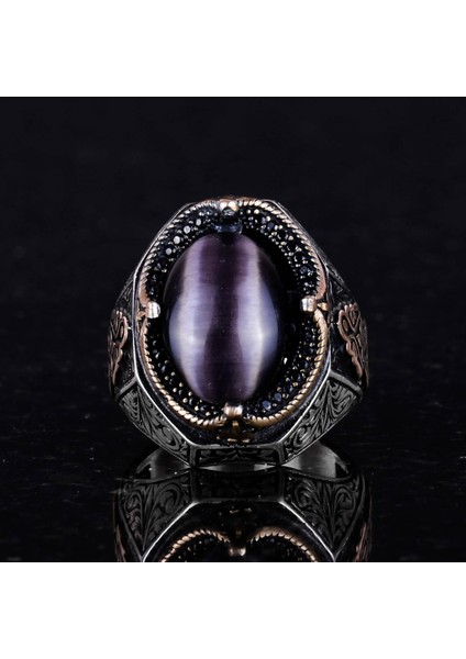 Mor Kedi Gözlü Yapay Taş Yüzük - 925K Katı Gümüş Erkek Yüzüğü, El Yapımı Zarafet modelleri
