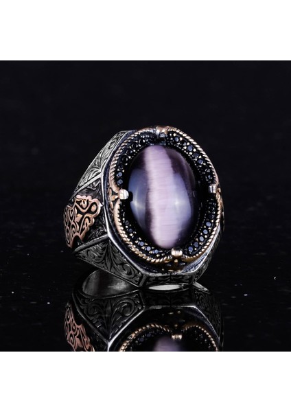 Mor Kedi Gözlü Yapay Taş Yüzük - 925K Katı Gümüş Erkek Yüzüğü, El Yapımı Zarafet fırsatları