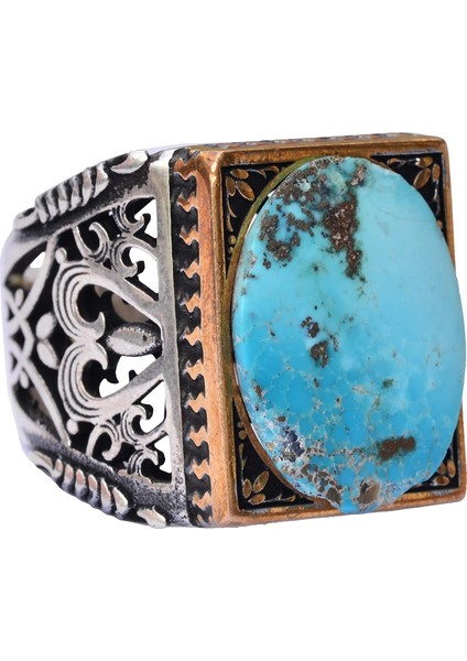 Doğal Arizona Turkuaz Taşlı Erkek Yüzük - Gümüş