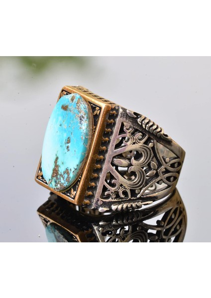 Doğal Arizona Turkuaz Taşlı Erkek Yüzük - Gümüş fırsatları