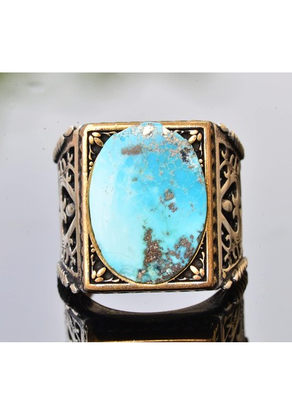 Doğal Arizona Turkuaz Taşlı Erkek Yüzük - Gümüş indirimleri