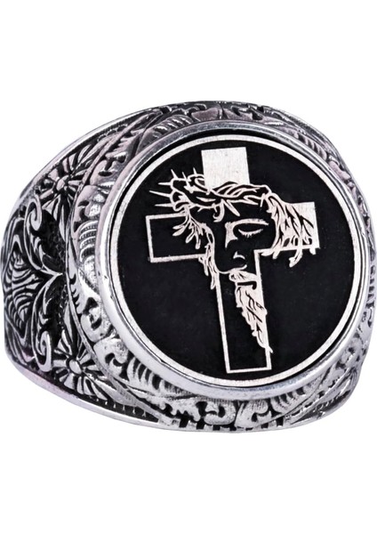 Haç Yüzük - Erkek 925 Ayar Gümüş Hristiyan Yüzüğü - Isa Yüzüğü