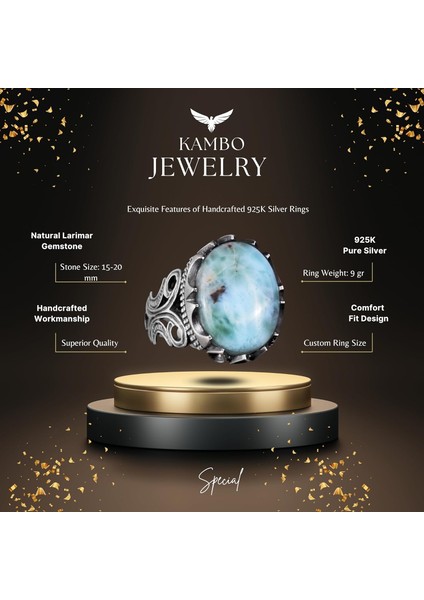 925 Ayar Katı Gümüş Erkek Yüzük - Doğal Taş Seçeneği ile El Yapımı Tasarım (Larimar) fiyatları
