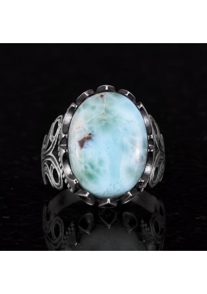 925 Ayar Katı Gümüş Erkek Yüzük - Doğal Taş Seçeneği ile El Yapımı Tasarım (Larimar) fırsatları