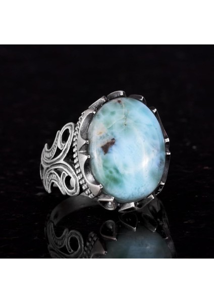 925 Ayar Katı Gümüş Erkek Yüzük - Doğal Taş Seçeneği ile El Yapımı Tasarım (Larimar) indirimleri