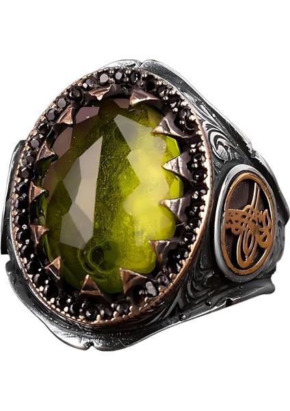 Osmanlı Imparatorluğu Yüzüğü - 925 Ayar Gümüş Erkek Yüzüğü, Doğal Olmayan Peridot Taşı Ile, Türk Tarihi Takı (Özelleştirilebilir)