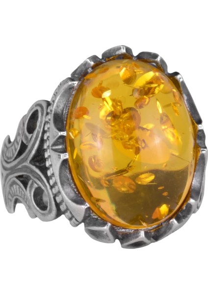 925K Ayar Gümüş Erkek Yüzük - Farklı Yapay Taş Seçenekleri ile (Bal Amberi)