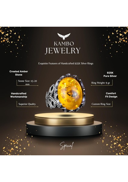 925K Ayar Gümüş Erkek Yüzük - Farklı Yapay Taş Seçenekleri ile (Bal Amberi) fiyatları