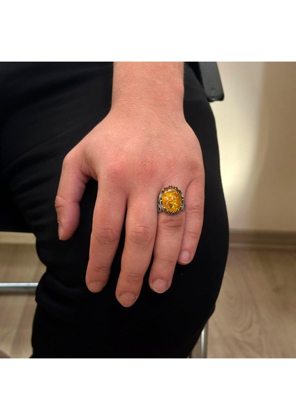 925K Ayar Gümüş Erkek Yüzük - Farklı Yapay Taş Seçenekleri ile (Bal Amberi) modelleri