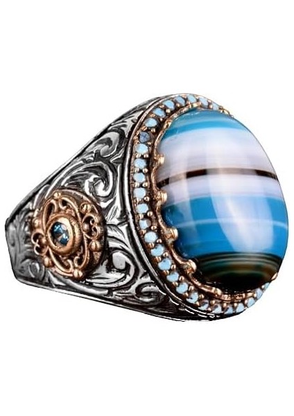 Doğal Mavi Akik Taşı Yüzük, 925 Ayar Gümüş Yüzük, Erkek Yüzüğü