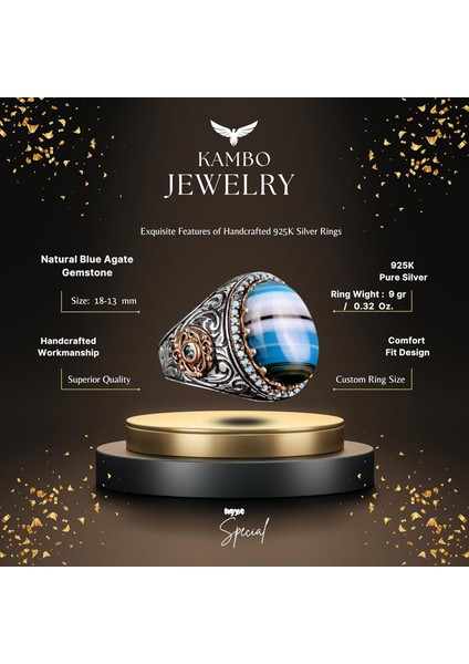 Doğal Mavi Akik Taşı Yüzük, 925 Ayar Gümüş Yüzük, Erkek Yüzüğü fiyatları
