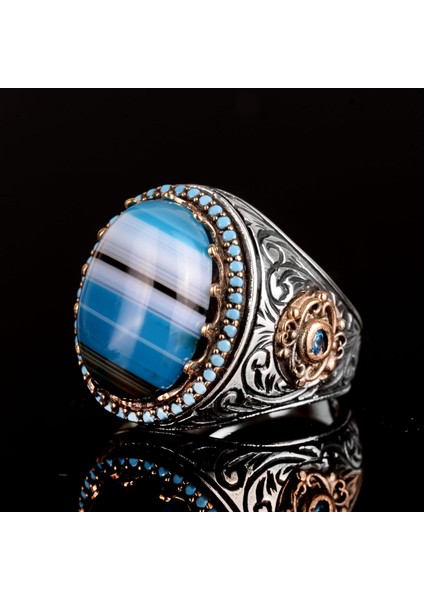 Doğal Mavi Akik Taşı Yüzük, 925 Ayar Gümüş Yüzük, Erkek Yüzüğü fırsatları