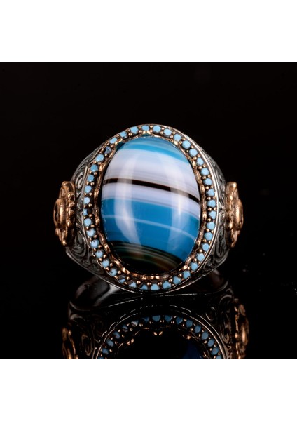 Doğal Mavi Akik Taşı Yüzük, 925 Ayar Gümüş Yüzük, Erkek Yüzüğü indirimleri