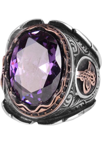 Ametist Yapay Taşlı Yüzük, 925 Ayar Gümüş Yüzük, Osmanlı Tugra Gümüş Yüzük