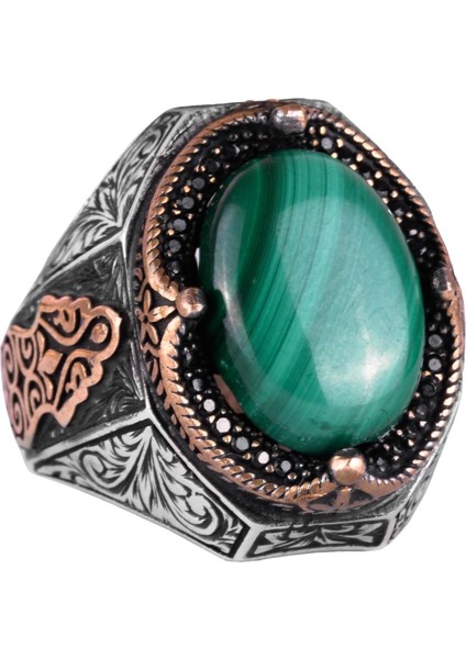 Doğal Malakit Taş Yüzük - Canlı 925 Ayar Katı Gümüş Erkek Yüzük, Şifa Enerjisi Tasarımı