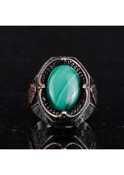 Doğal Malakit Taş Yüzük - Canlı 925 Ayar Katı Gümüş Erkek Yüzük, Şifa Enerjisi Tasarımı fırsatları