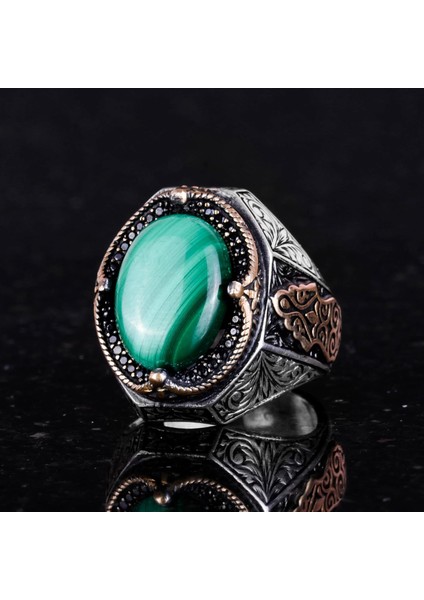 Doğal Malakit Taş Yüzük - Canlı 925 Ayar Katı Gümüş Erkek Yüzük, Şifa Enerjisi Tasarımı indirimleri