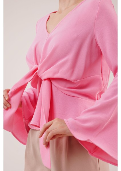 Ön Bağlamalı Volan Kol Pembe Bluz