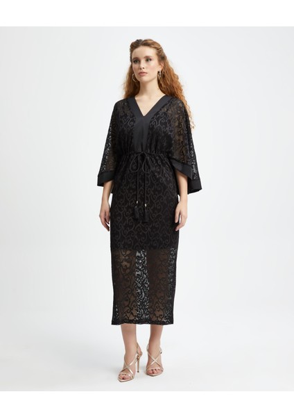 Kadın Şık Dantel Elbise - Beli Ayarlanabilir - V Yaka - Midi Boy -Şık ve Zarif - Özel Gün ve Davetler Için Elbise