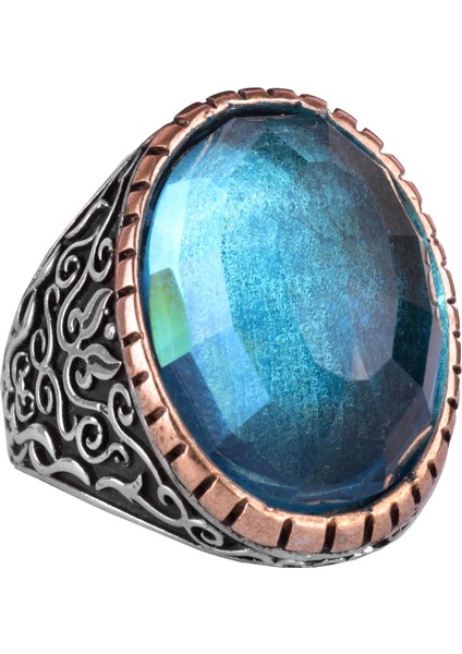 Yapay Taş Yüzük, 925 Ayar Gümüş Erkek Yüzük, Büyük Yüzük (Yapay Akuamarin Taşı)