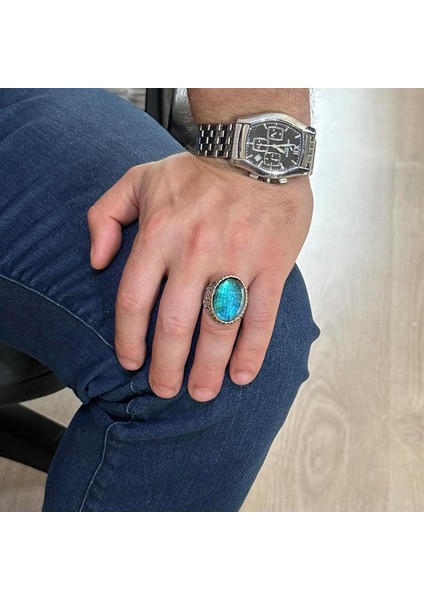 Yapay Taş Yüzük, 925 Ayar Gümüş Erkek Yüzük, Büyük Yüzük (Yapay Akuamarin Taşı) fiyatları