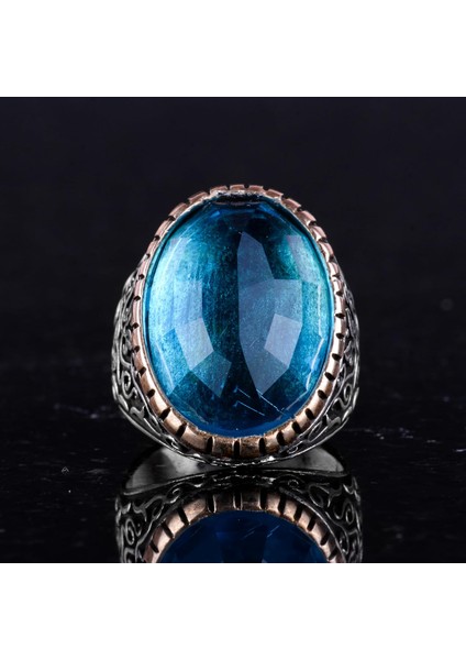 Yapay Taş Yüzük, 925 Ayar Gümüş Erkek Yüzük, Büyük Yüzük (Yapay Akuamarin Taşı) modelleri