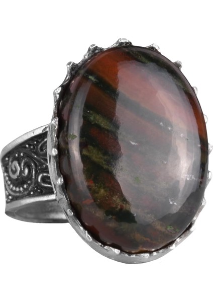 Doğal Taş Yüzük - 925 Ayar Gümüş Büyük Yüzük - El Yapımı Yüzük (Yeşil Kan Taşı)