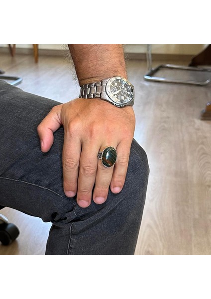Doğal Taş Yüzük - 925 Ayar Gümüş Büyük Yüzük - El Yapımı Yüzük (Yeşil Kan Taşı) modelleri