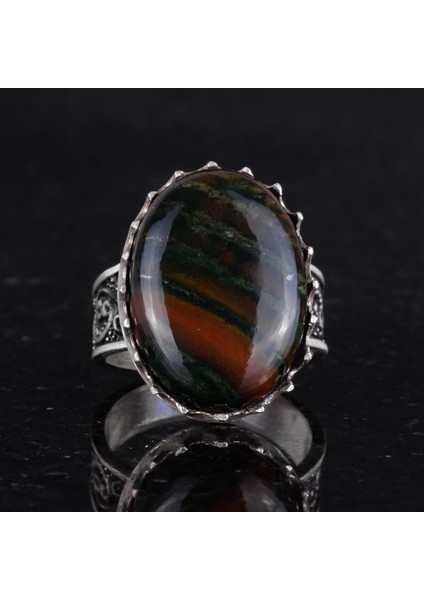 Doğal Taş Yüzük - 925 Ayar Gümüş Büyük Yüzük - El Yapımı Yüzük (Yeşil Kan Taşı) fırsatları