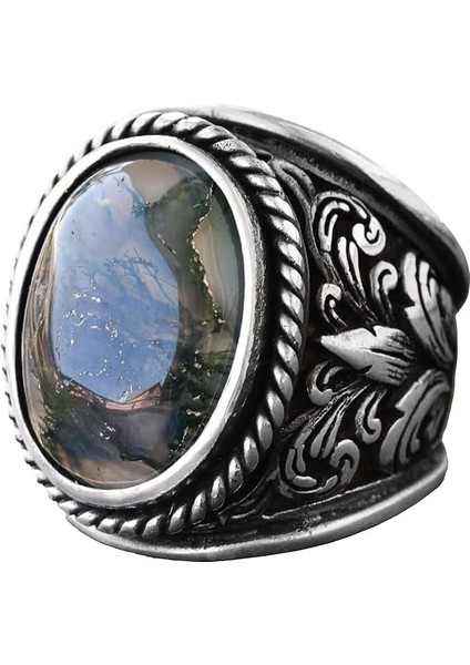 925 Ayar Gümüş Yüzükler - Doğal Agat Taşı (Moss Agate)