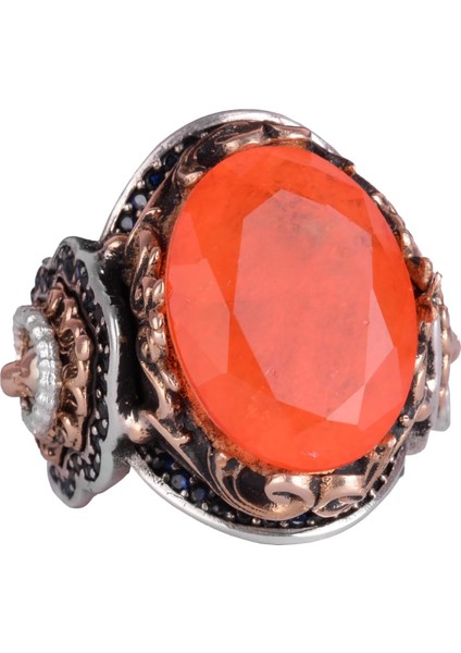 925 Ayar Gümüş Yüzük, Turuncu Paraiba Yapay Taş Yüzük, El Yapımı Aslan Başlı Erkek Yüzüğü