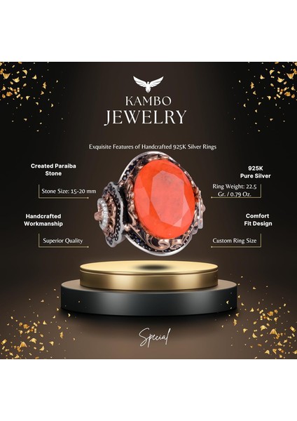 925 Ayar Gümüş Yüzük, Turuncu Paraiba Yapay Taş Yüzük, El Yapımı Aslan Başlı Erkek Yüzüğü fiyatları