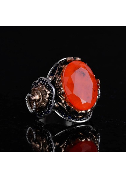 925 Ayar Gümüş Yüzük, Turuncu Paraiba Yapay Taş Yüzük, El Yapımı Aslan Başlı Erkek Yüzüğü fırsatları