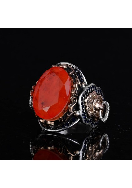 925 Ayar Gümüş Yüzük, Turuncu Paraiba Yapay Taş Yüzük, El Yapımı Aslan Başlı Erkek Yüzüğü indirimleri