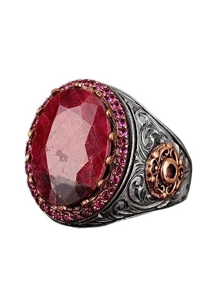 Doğal Yakut Taşlı Yüzük, Yakut Yüzük, Gümüş Yüzük, El Yapımı Erkek Yüzüğü, Pembe
