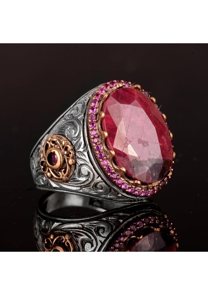 Doğal Yakut Taşlı Yüzük, Yakut Yüzük, Gümüş Yüzük, El Yapımı Erkek Yüzüğü, Pembe