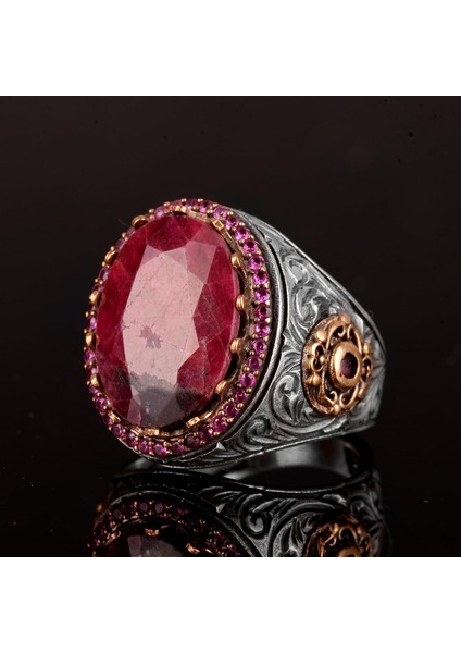 Doğal Yakut Taşlı Yüzük, Yakut Yüzük, Gümüş Yüzük, El Yapımı Erkek Yüzüğü, Pembe