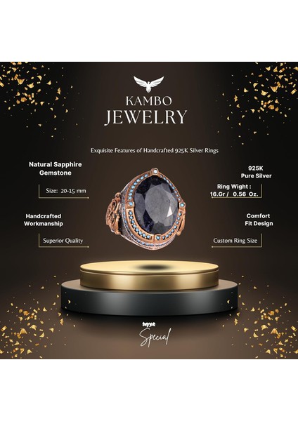 925 Ayar Gümüş Yüzük, Doğal Safir Taşı Ile, El Yapımı Vintage Tasarım, Erkek Ifadesi Yüzüğü fiyatları