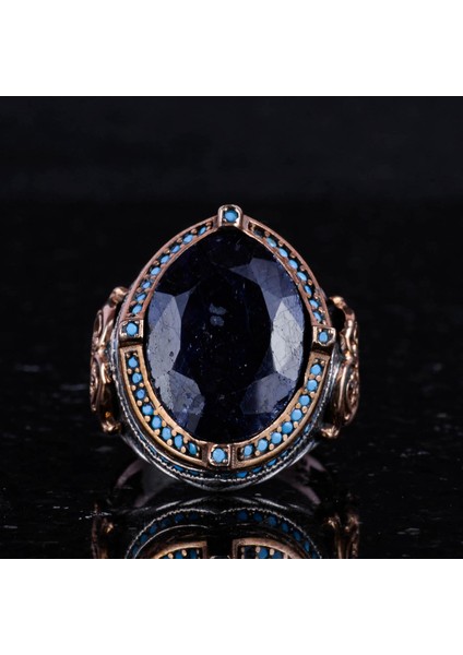 925 Ayar Gümüş Yüzük, Doğal Safir Taşı Ile, El Yapımı Vintage Tasarım, Erkek Ifadesi Yüzüğü fırsatları