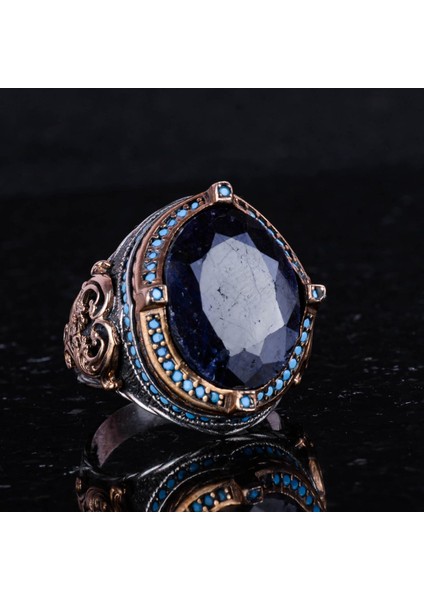 925 Ayar Gümüş Yüzük, Doğal Safir Taşı Ile, El Yapımı Vintage Tasarım, Erkek Ifadesi Yüzüğü indirimleri