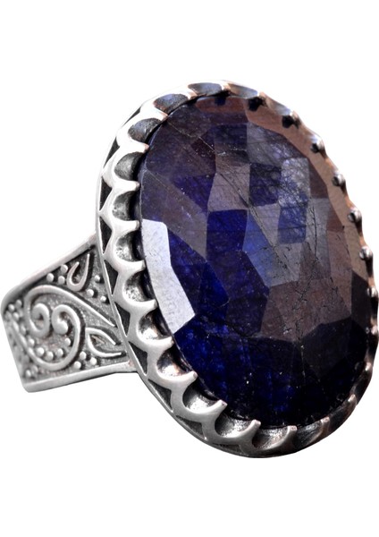 El Yapımı Doğal Safir Taşlı Yüzük, 925 Ayar Gümüş Erkek Yüzüğü - Bilgelik ve Refah Tasarımı