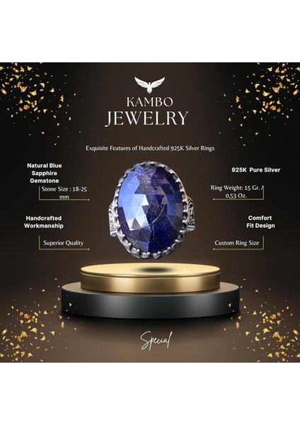 El Yapımı Doğal Safir Taşlı Yüzük, 925 Ayar Gümüş Erkek Yüzüğü - Bilgelik ve Refah Tasarımı fiyatları