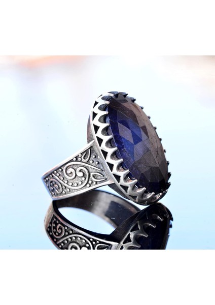 El Yapımı Doğal Safir Taşlı Yüzük, 925 Ayar Gümüş Erkek Yüzüğü - Bilgelik ve Refah Tasarımı fırsatları